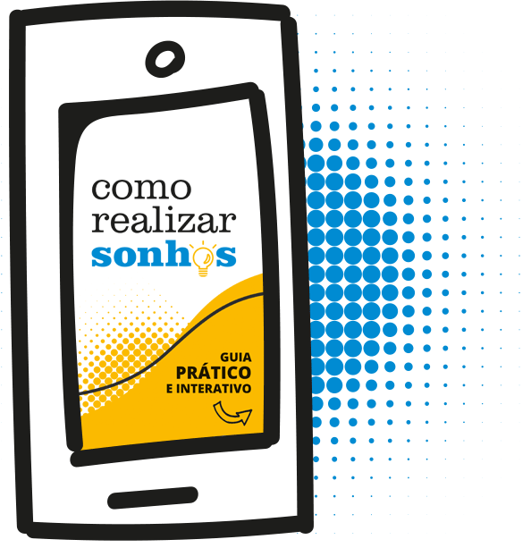 Ilustração de um celular com o eBook Como Realizar Sonhos - Guia Prático e Interativo na tela